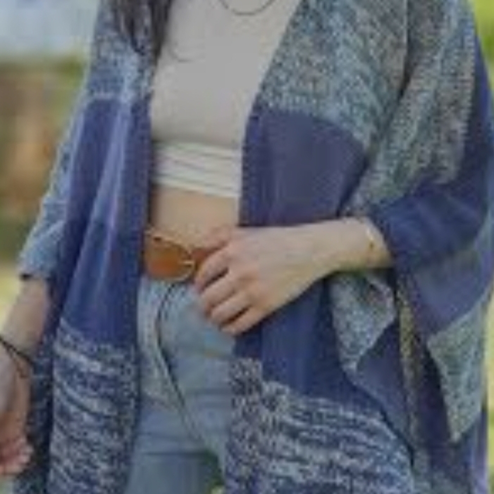 Blue and Gray Poncho with Open Front and Textured Design